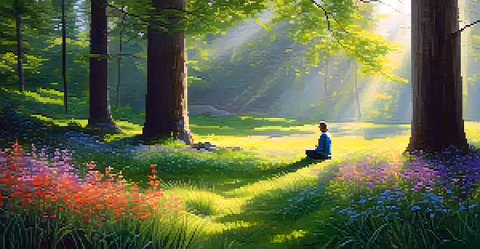 A person meditating in a peaceful forest, surrounded by lush greenery and colorful flowers, with sunlight streaming through the trees.
