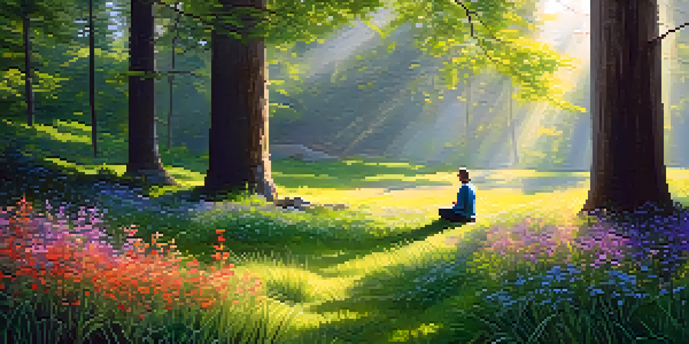 A person meditating in a peaceful forest, surrounded by lush greenery and colorful flowers, with sunlight streaming through the trees.