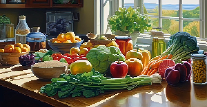A bright kitchen with a variety of whole foods like fruits, vegetables, and grains on a wooden counter, with sunlight illuminating the scene and a person cooking in the background.