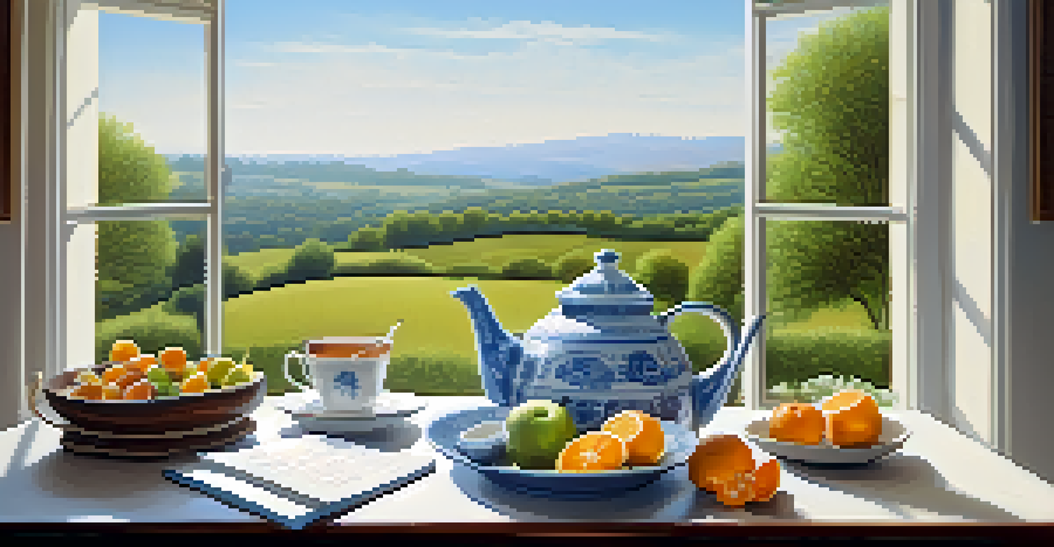 A wellness setting with a table of herbal teas and fruits, overlooking a serene landscape.