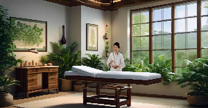 A calm naturopathic clinic with plants and wooden furniture, showing an acupuncturist treating a patient.