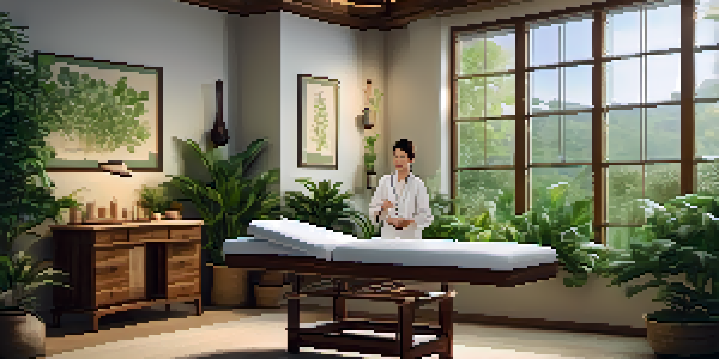 A calm naturopathic clinic with plants and wooden furniture, showing an acupuncturist treating a patient.