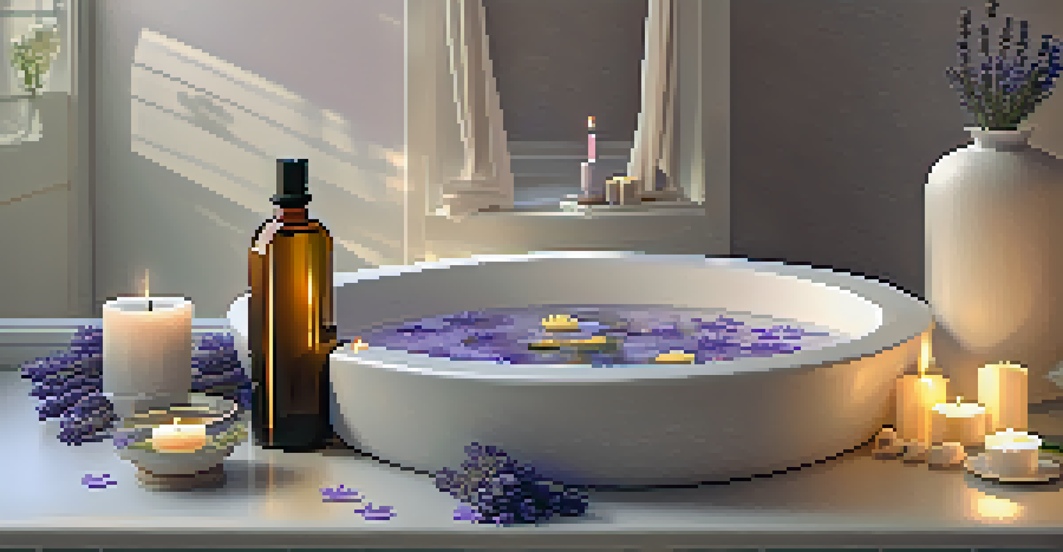A warm bath with lavender flowers, flickering candles, and chamomile essential oil on the side, creating a tranquil ambiance.