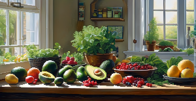 A bright kitchen with a wooden table showcasing fresh fruits and vegetables, illuminated by sunlight.