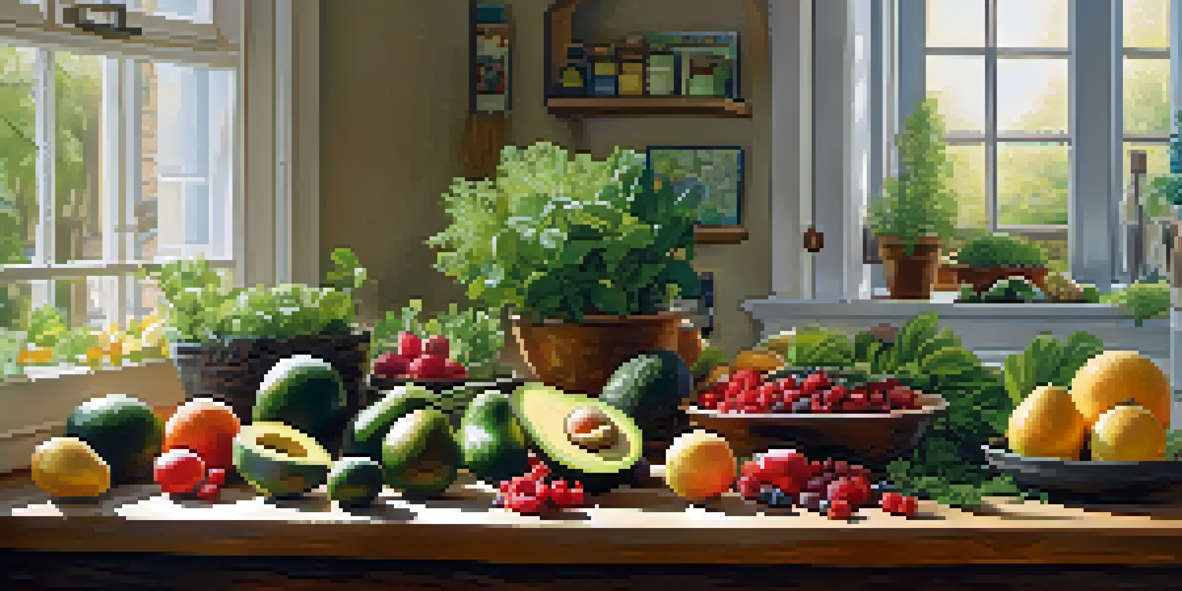 A bright kitchen with a wooden table showcasing fresh fruits and vegetables, illuminated by sunlight.