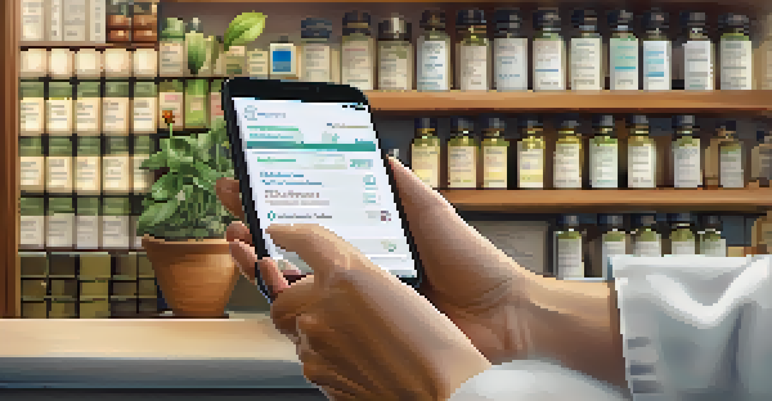 A close-up of a patient holding a smartphone with a health record app in a cozy naturopathy office setting.