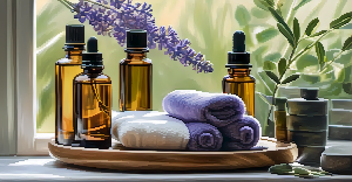A peaceful spa scene with essential oil bottles, lavender, and eucalyptus in soft lighting.