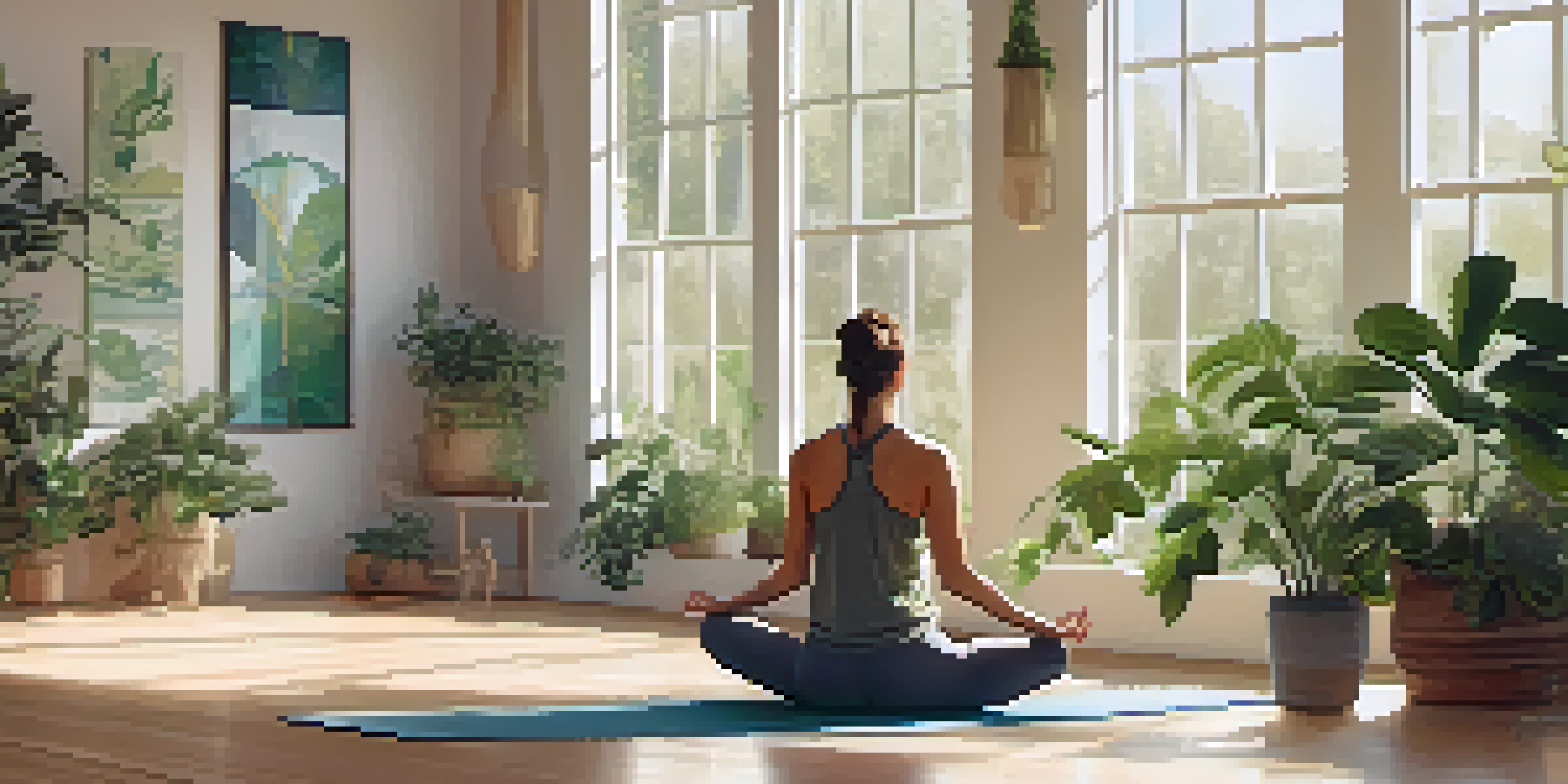 A peaceful yoga studio with a person performing a forward bend pose, surrounded by plants and natural light.