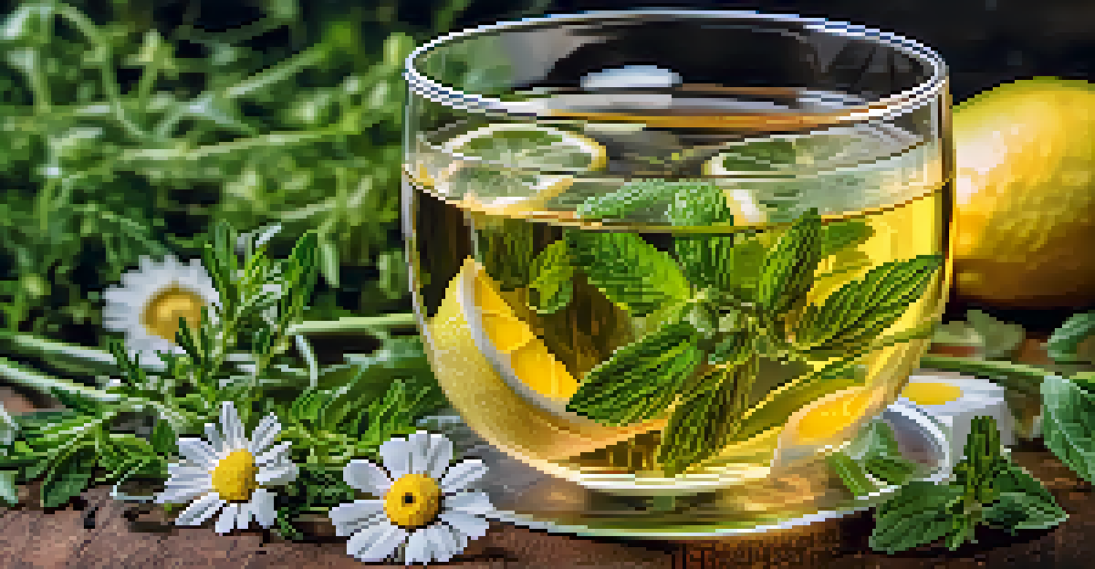 A close-up of a glass of herbal tea with fresh herbs and a lemon slice, emphasizing the vibrant color and inviting appearance.
