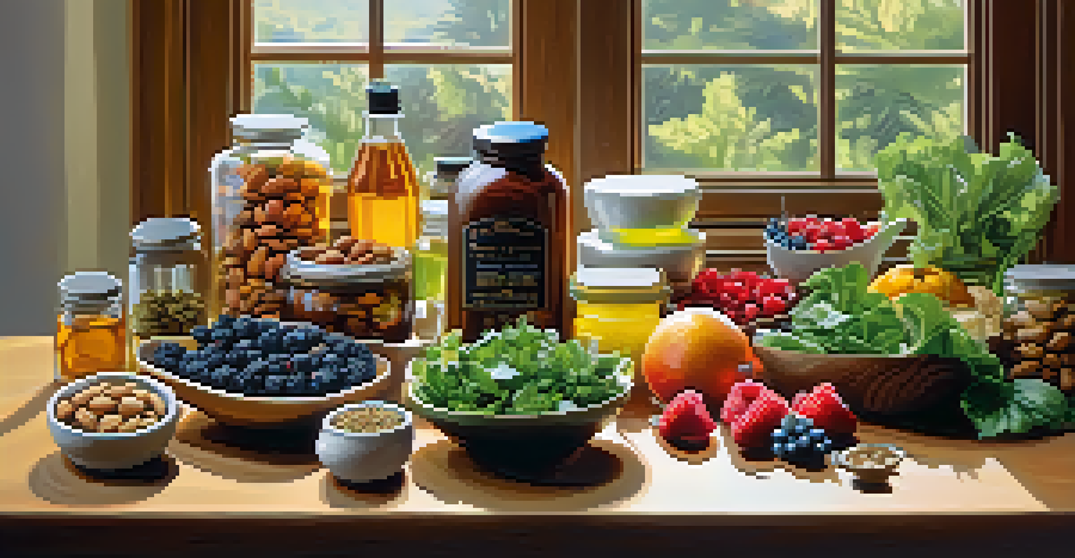 A wooden table displaying whole foods like greens, berries, nuts, and herbal supplements with sunlight streaming in.