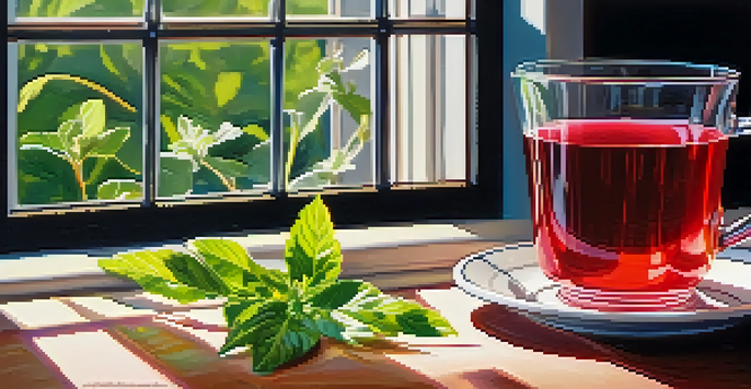A close-up image of a glass of hibiscus and peppermint herbal tea with a lemon slice, on a wooden table with fresh herbs and a teapot, illuminated by soft sunlight.