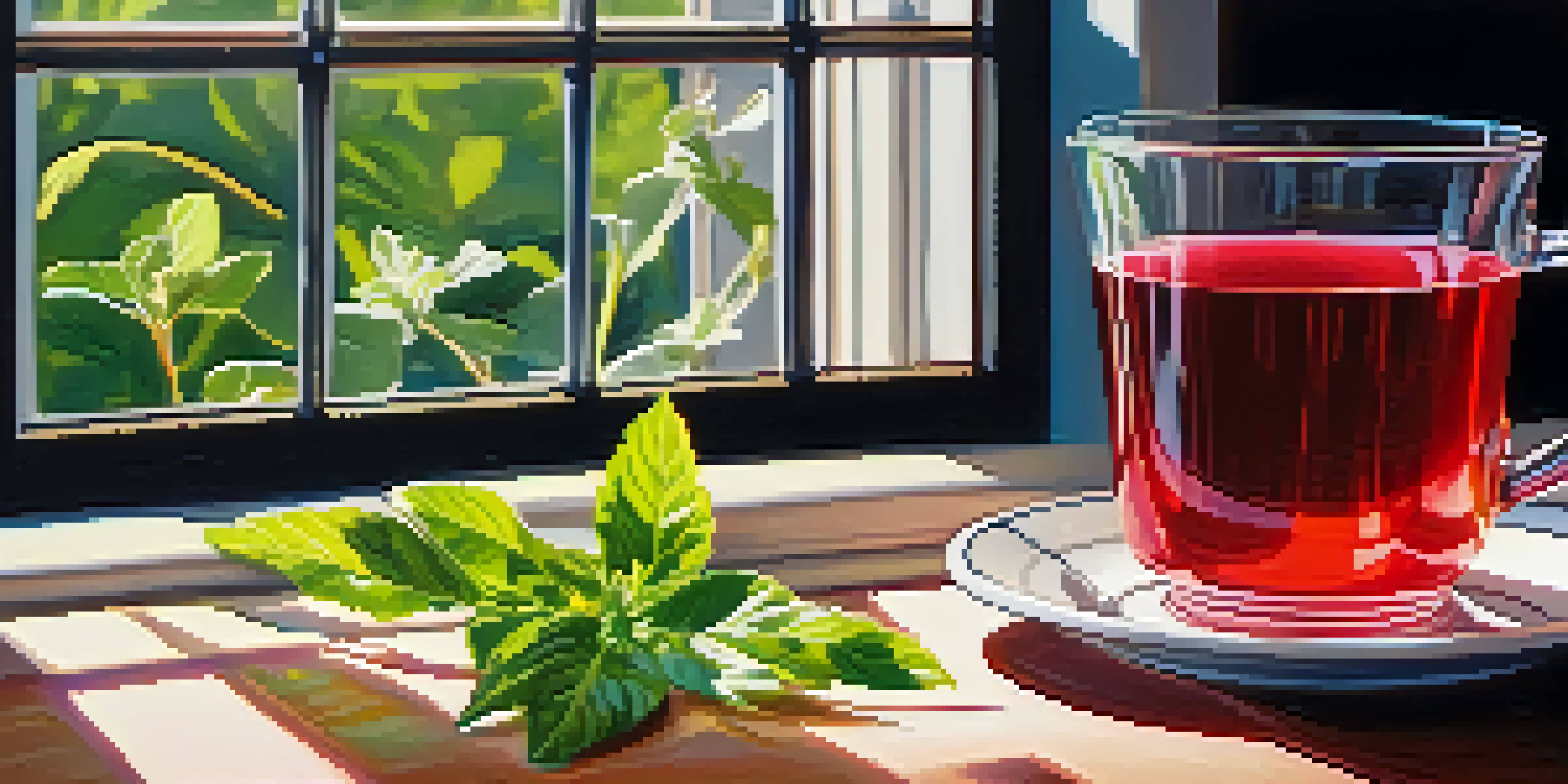 A close-up image of a glass of hibiscus and peppermint herbal tea with a lemon slice, on a wooden table with fresh herbs and a teapot, illuminated by soft sunlight.