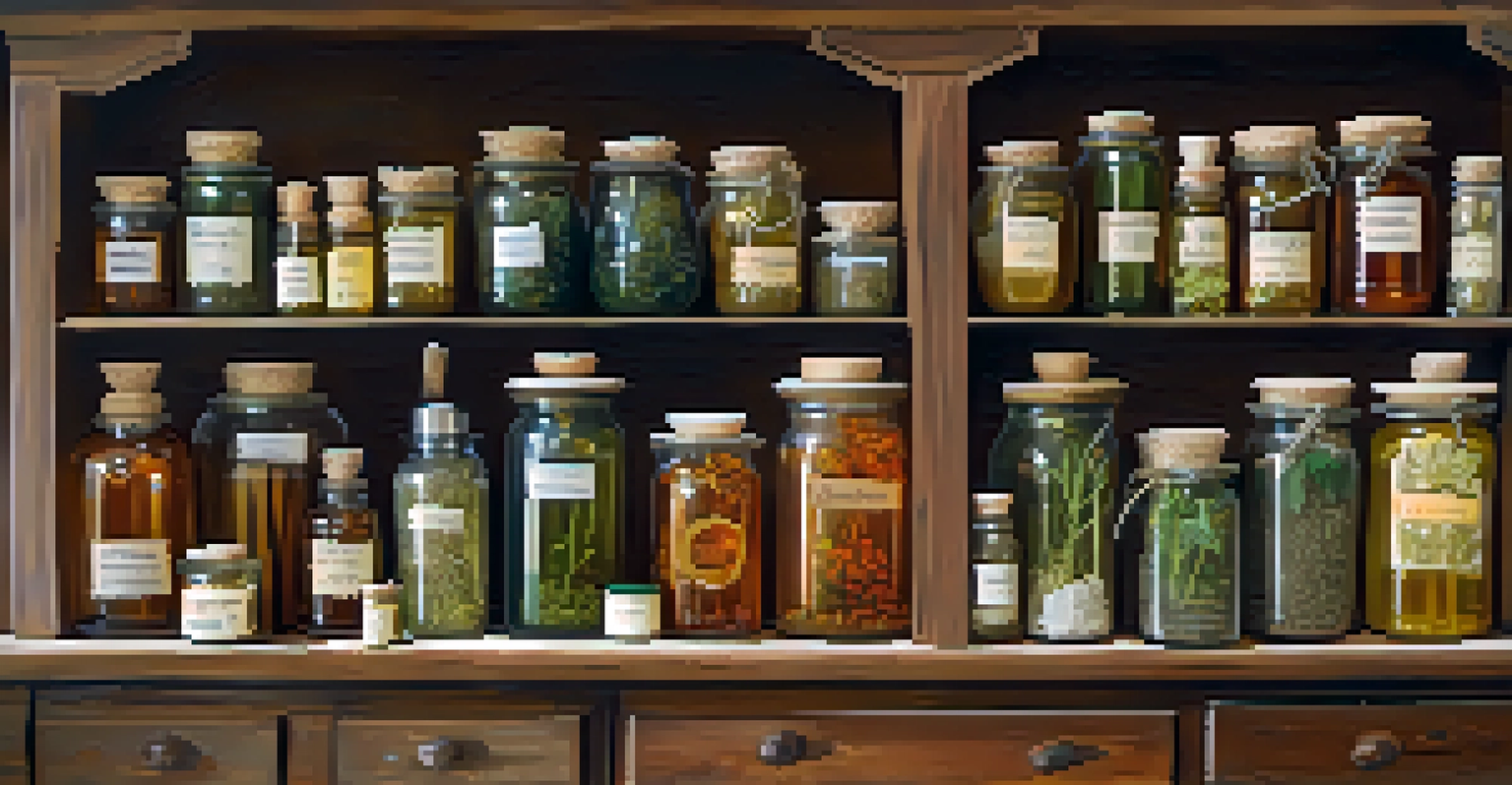 A wooden table showcasing jars of dried herbs, essential oils, and herbal teas, illuminated by soft natural light.