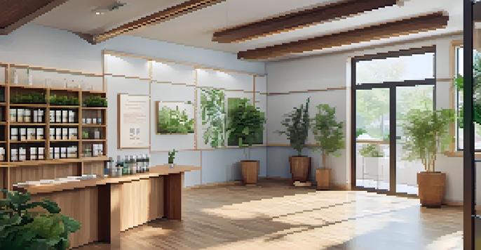 An inviting naturopathic clinic interior with wooden furniture, plants, and natural light, featuring a consultation area and herbal remedies.
