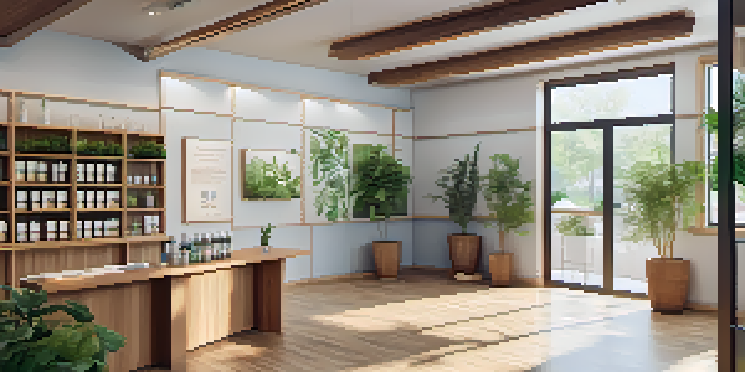 An inviting naturopathic clinic interior with wooden furniture, plants, and natural light, featuring a consultation area and herbal remedies.