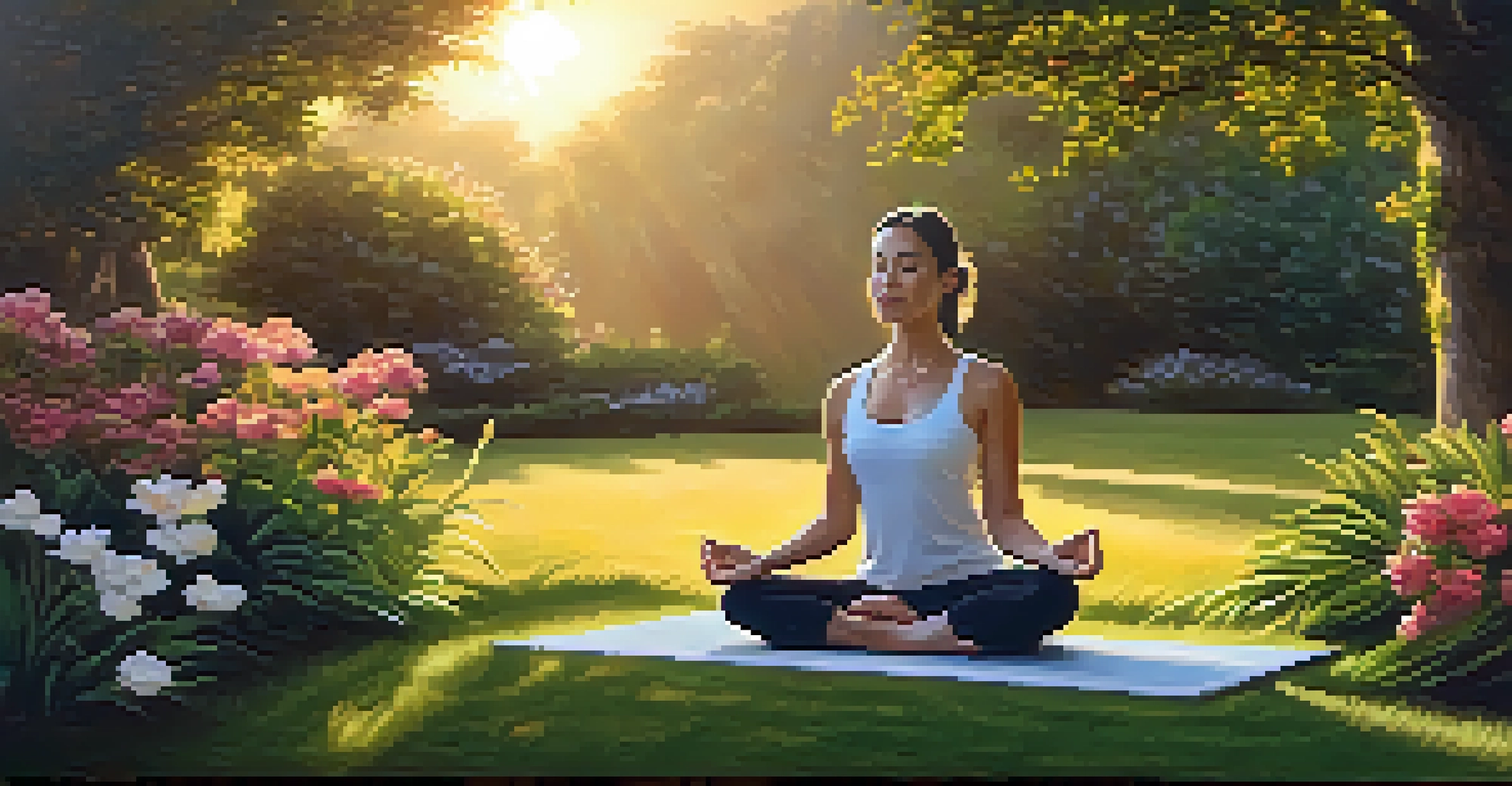 A woman practicing yoga in a peaceful garden during sunset, surrounded by greenery and flowers.