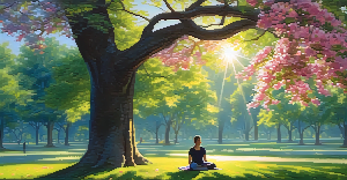 A person seated cross-legged in a park, practicing mindfulness surrounded by flowers and trees under a clear blue sky.