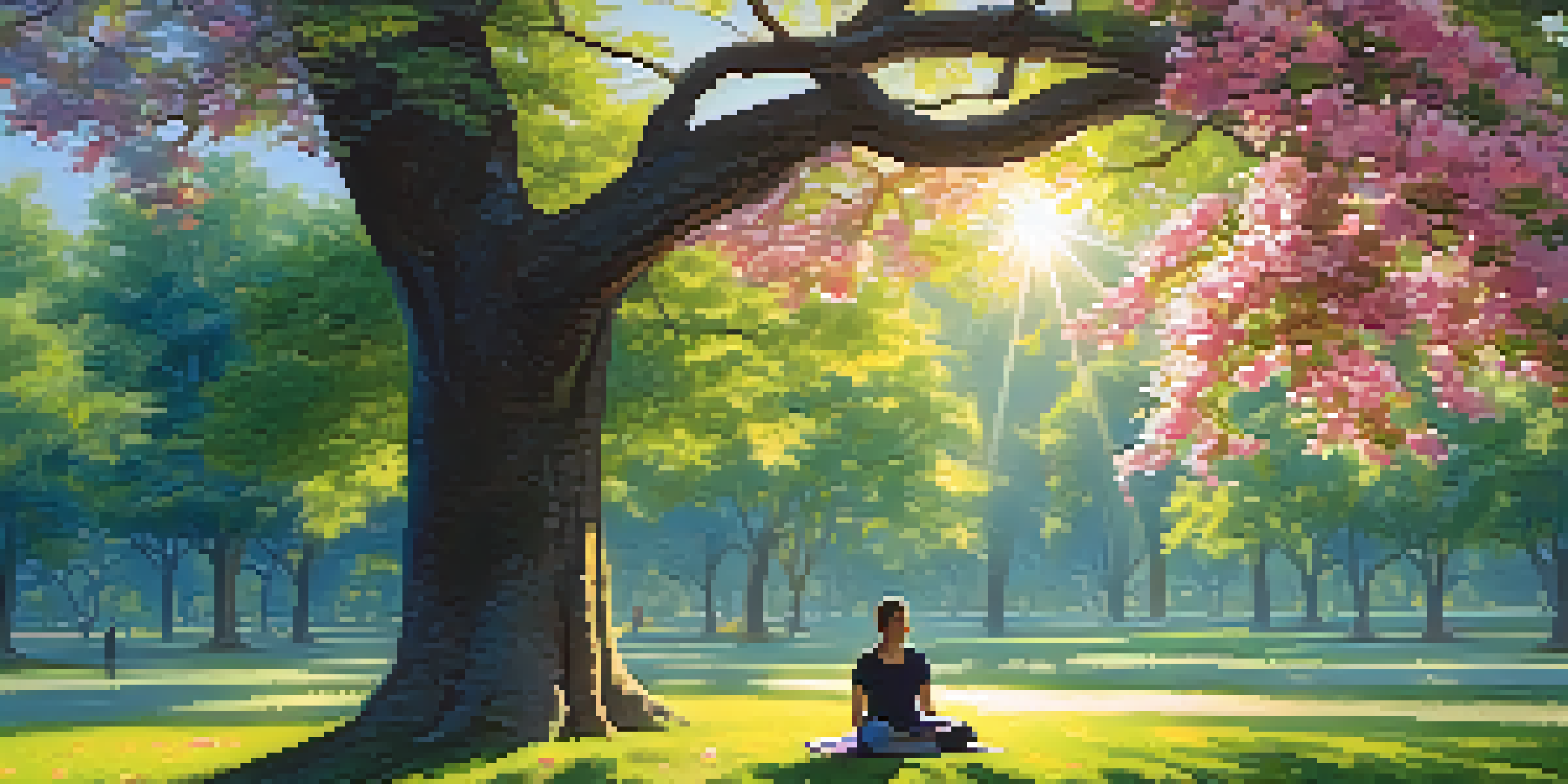 A person seated cross-legged in a park, practicing mindfulness surrounded by flowers and trees under a clear blue sky.