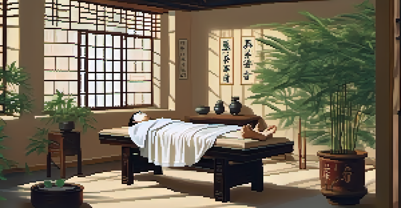 An acupuncture session in a serene setting with Chinese calligraphy and bamboo plants, depicting a patient relaxed on a treatment table.