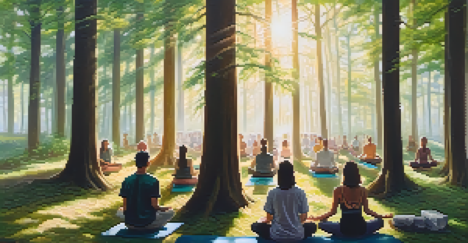Individuals seated on yoga mats in a forest, participating in a guided meditation session with sunlight filtering through the trees.