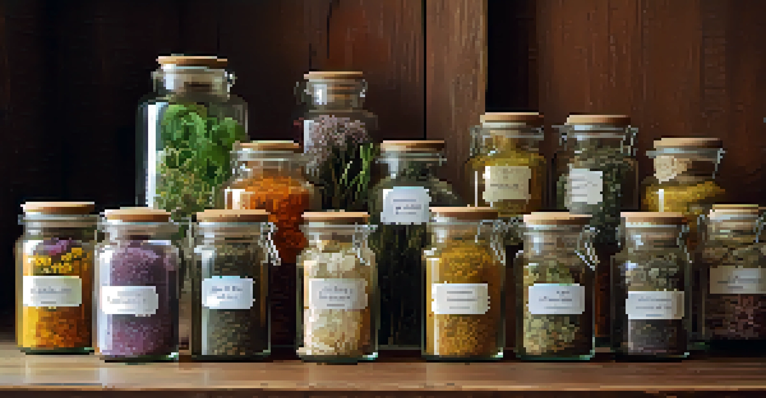 A close-up of colorful herbal remedies in glass jars on a wooden table, showcasing vibrant herbs and flowers.