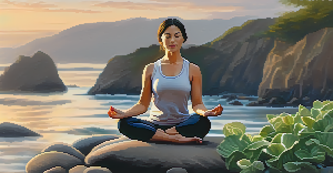 A person meditating in the lotus pose on a rocky beach at sunrise, with calm waves and soft pastel colors in the sky.