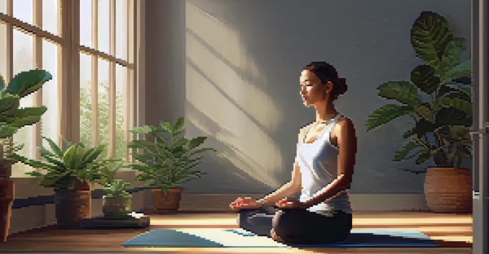 A person meditating in a bright room filled with plants and candles, with sunlight streaming through a window.