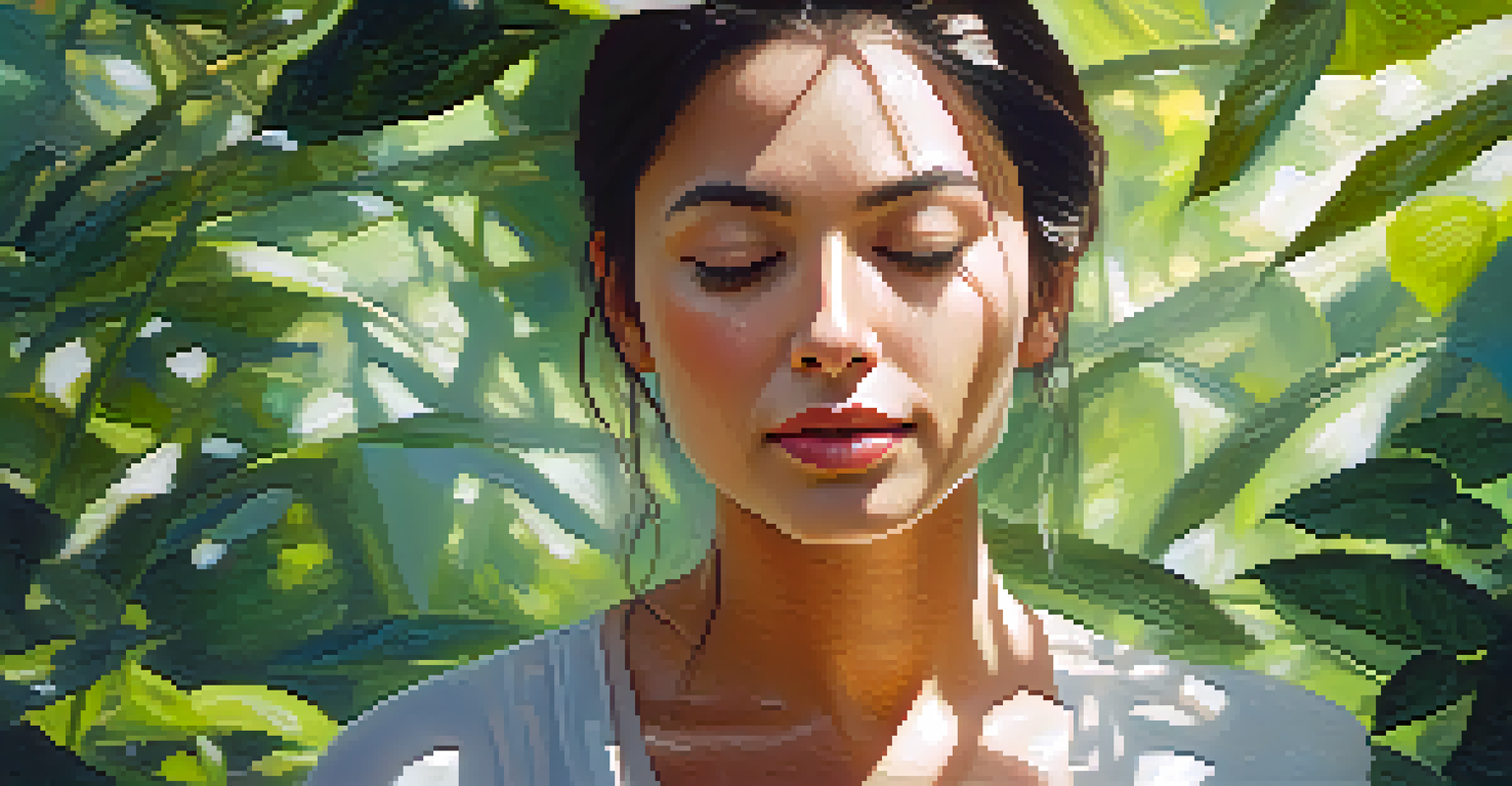 A woman meditating in a serene natural setting, surrounded by greenery and flowers.