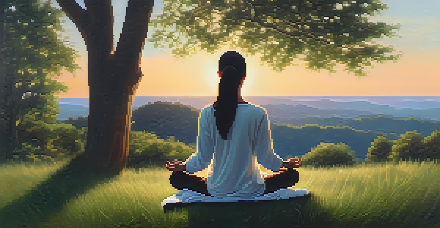 A person meditating on a hilltop at sunset, surrounded by nature, creating a serene atmosphere of tranquility.