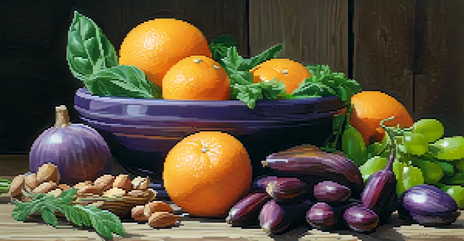 A vibrant arrangement of fresh fruits, vegetables, and nuts on a wooden table.