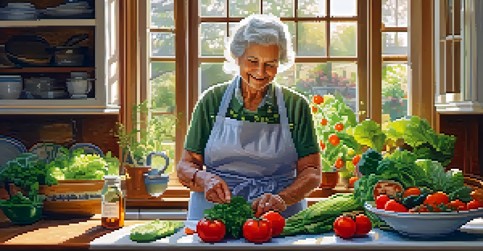 An elderly woman preparing a colorful salad in a cozy kitchen, surrounded by fresh vegetables and sunlight streaming through the window.
