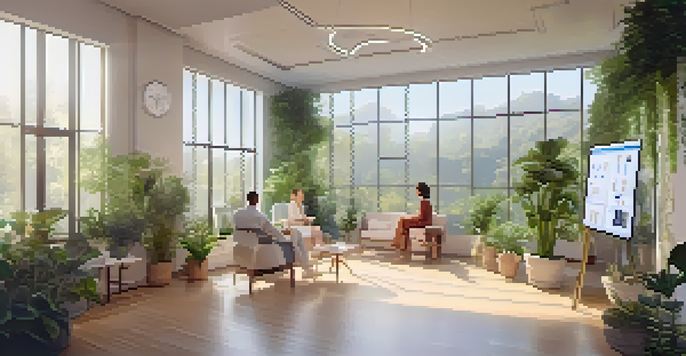 A naturopathy clinic featuring a practitioner and a patient discussing health data on a tablet in a bright and plant-filled room.