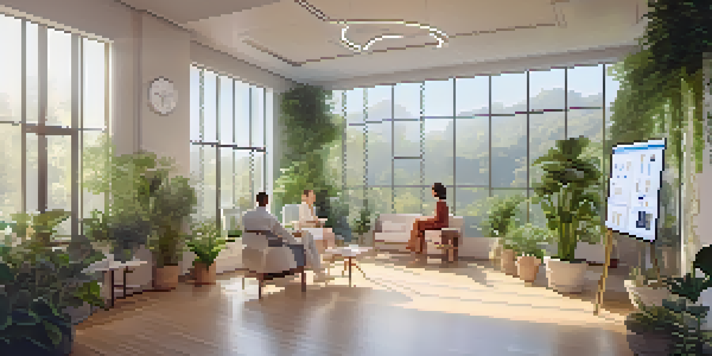 A naturopathy clinic featuring a practitioner and a patient discussing health data on a tablet in a bright and plant-filled room.