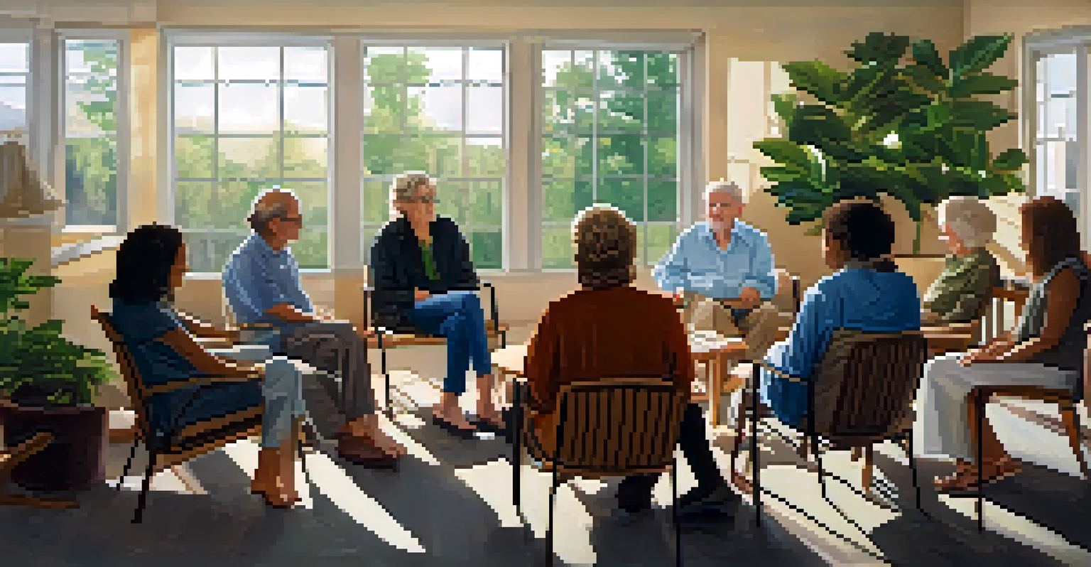 A cozy indoor support group meeting with diverse participants sharing experiences in a warm, inviting atmosphere.