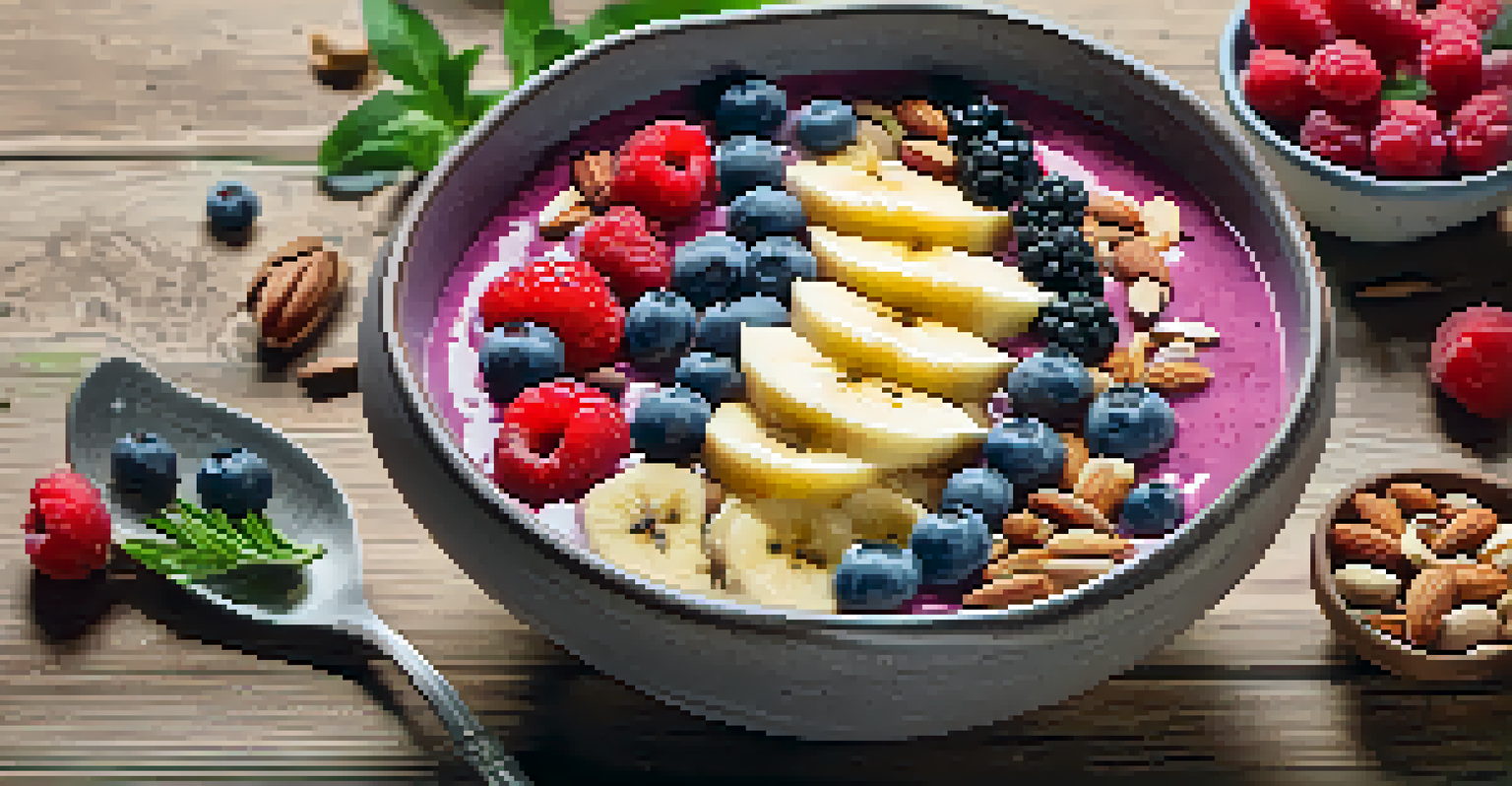 A close-up of a colorful smoothie bowl topped with fruits, nuts, and herbs, placed on a wooden table with natural light illuminating the scene.