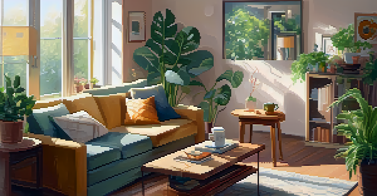 A cozy living room with two friends laughing and chatting on a sofa, warm light creating an inviting ambiance.