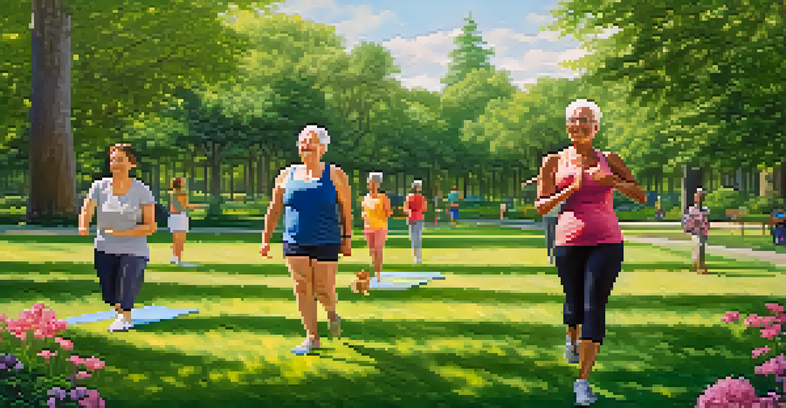 A diverse group of people exercising in a sunny park, including yoga, jogging, and walking.
