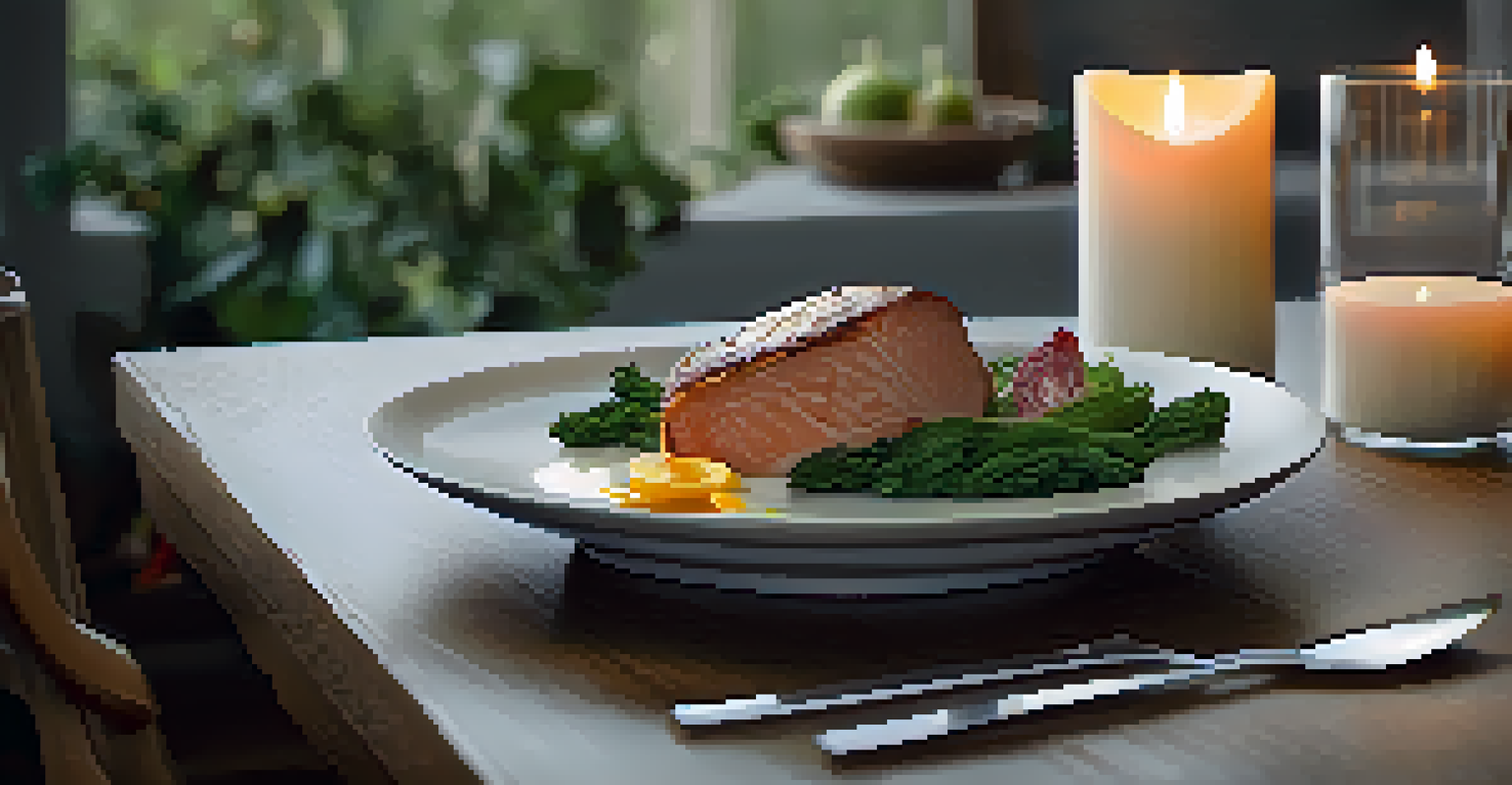 A tranquil dining table set for a mindful eating experience with an elegant dish of whole foods and soft lighting.