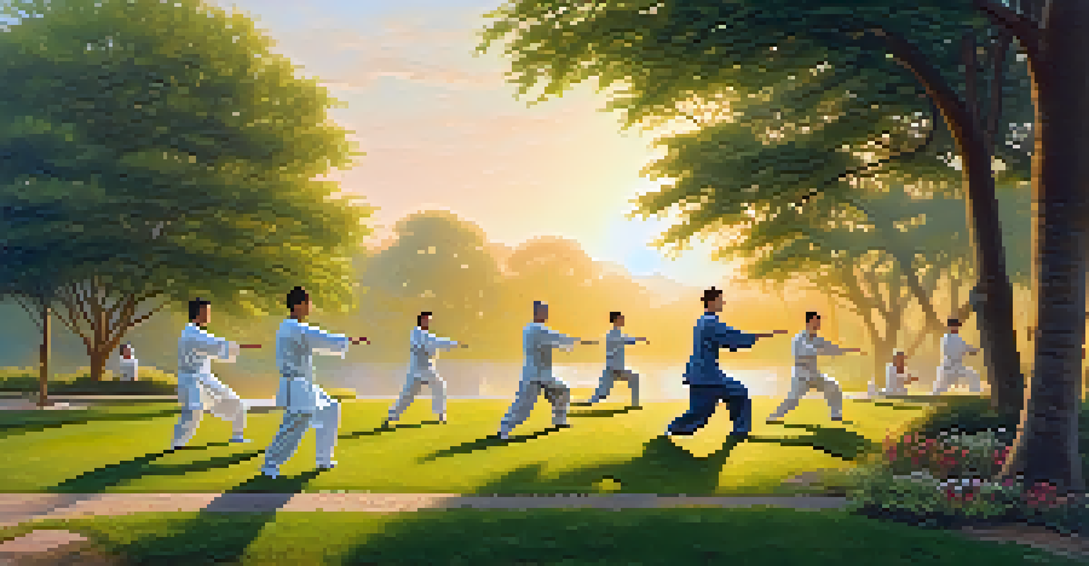 A diverse group practicing tai chi in a green park at sunrise, showcasing the harmony of movement and nature.