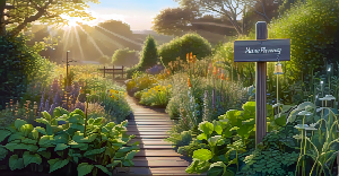A peaceful herbal garden with various plants, illuminated by morning sunlight, and a wooden sign that reads 'Nature's Pharmacy'.