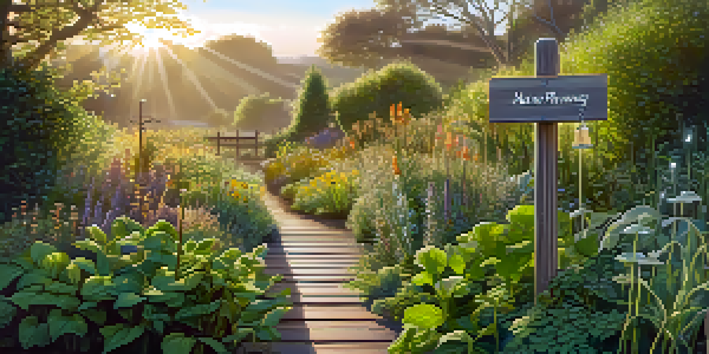A peaceful herbal garden with various plants, illuminated by morning sunlight, and a wooden sign that reads 'Nature's Pharmacy'.