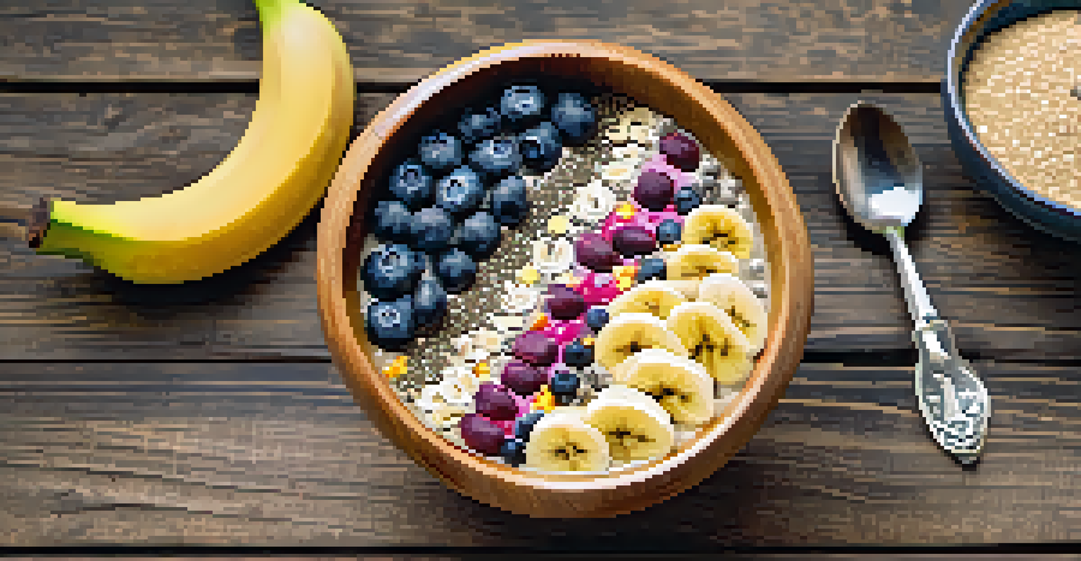 A colorful smoothie bowl with maca root, bananas, blueberries, and chia seeds on a wooden table with ginseng powder.