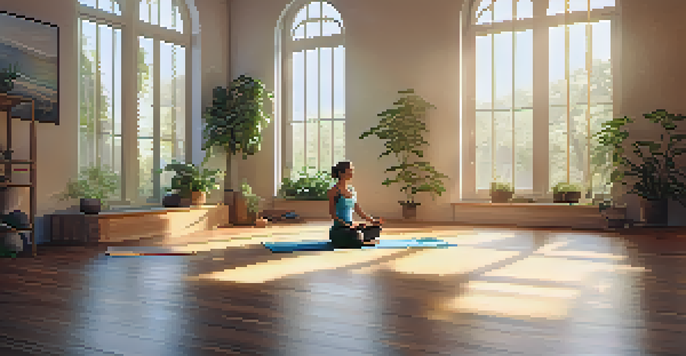 A person practicing yoga in a sunlit yoga studio surrounded by plants, with a peaceful and calming ambiance.