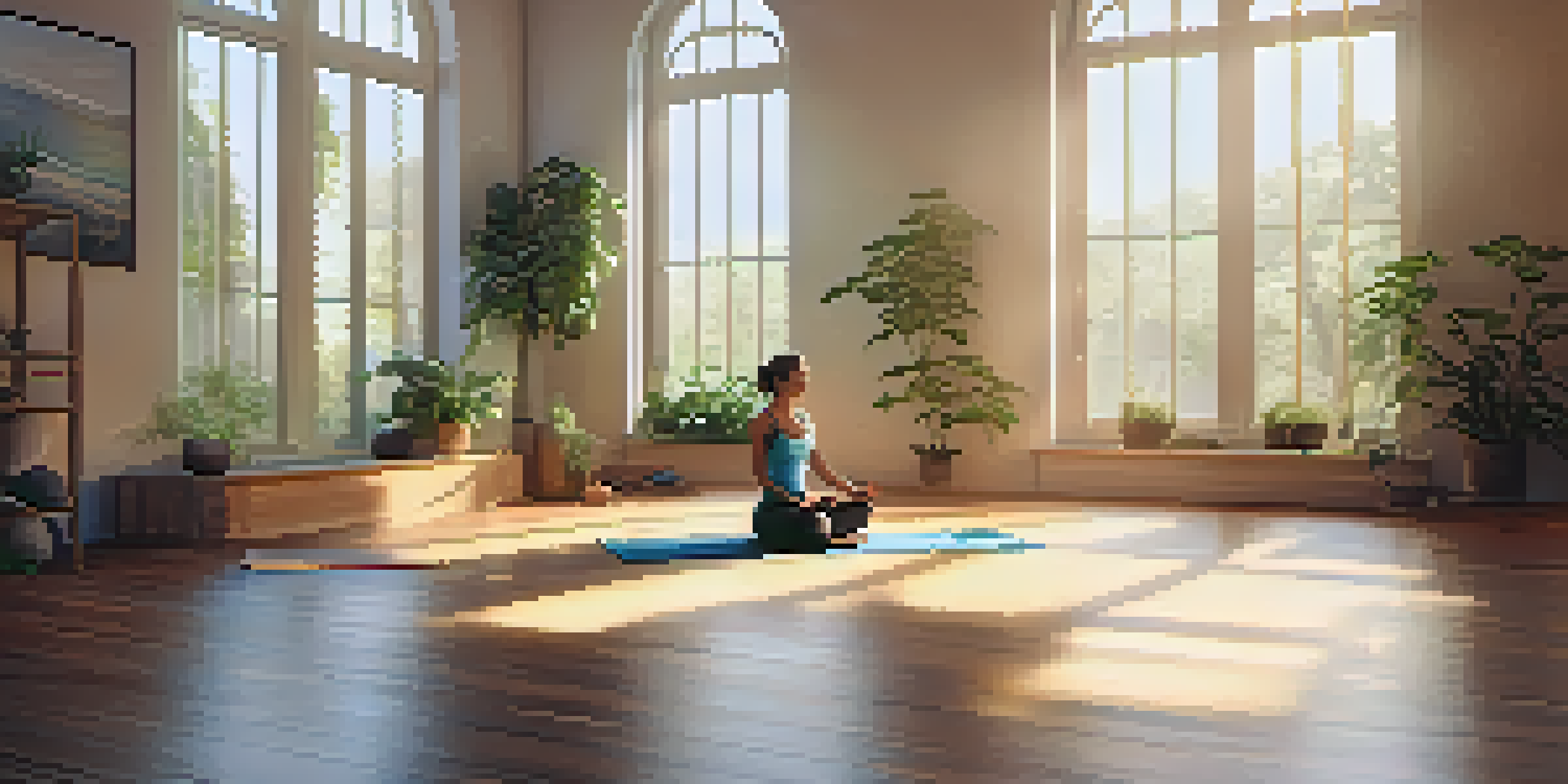 A person practicing yoga in a sunlit yoga studio surrounded by plants, with a peaceful and calming ambiance.