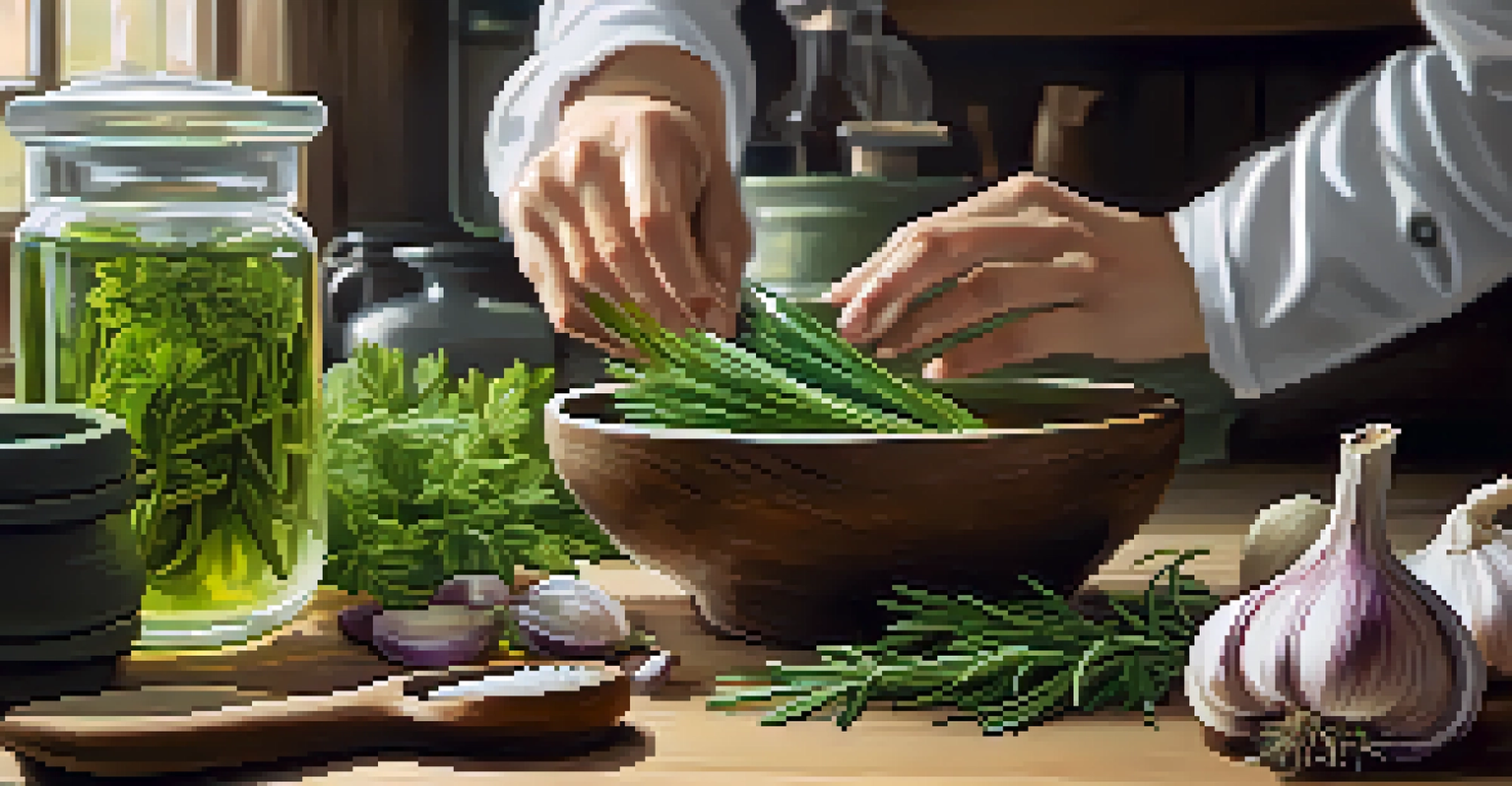 Close-up of hands preparing herbal remedies with fresh herbs on a wooden table.
