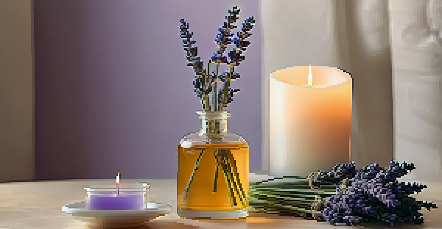 An elegant aromatherapy setup with a diffuser, lavender sprigs, and a warm candle glow.