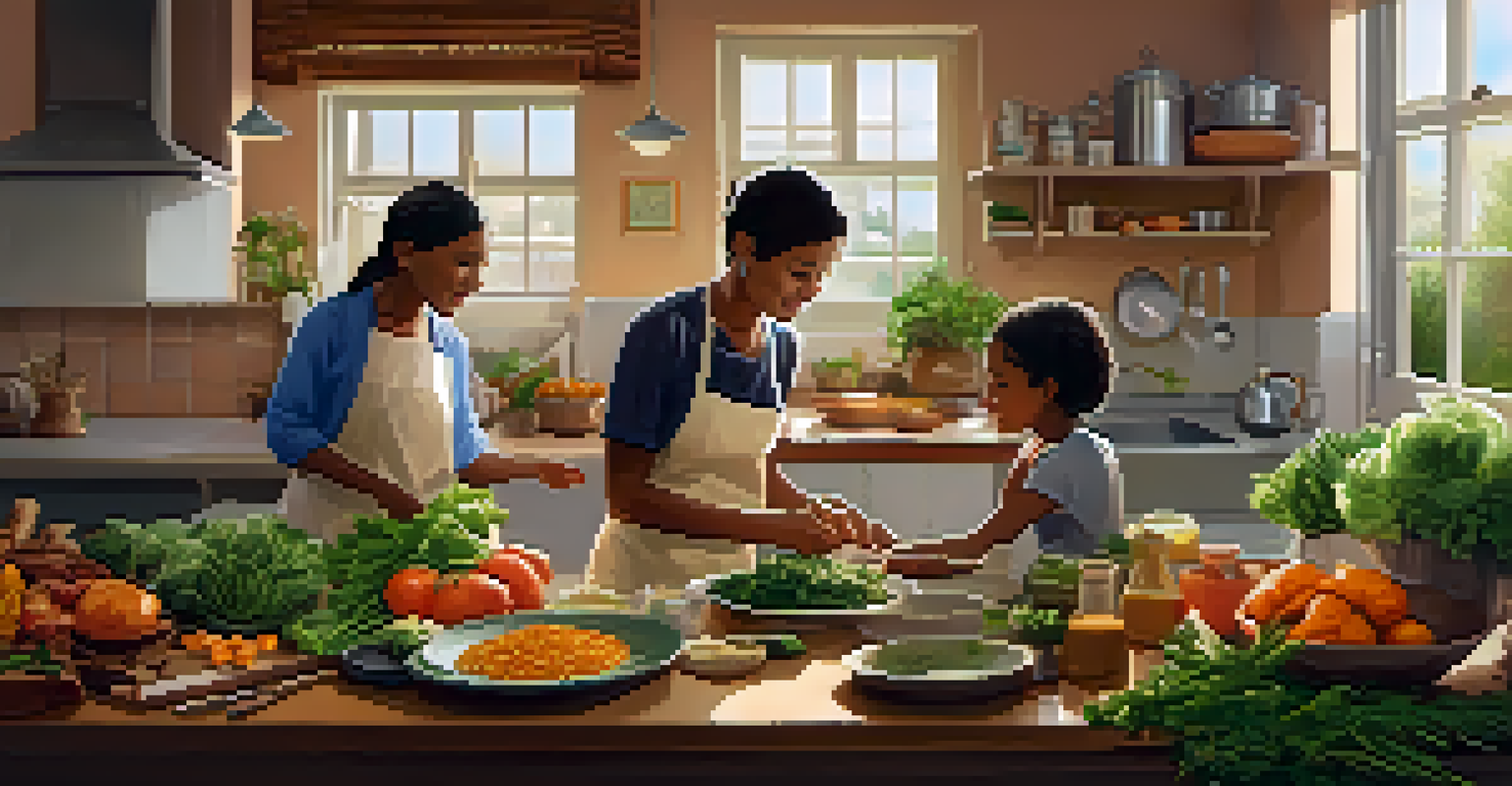 A patient and family members cooking together in a warm kitchen, surrounded by fresh herbs and vegetables.