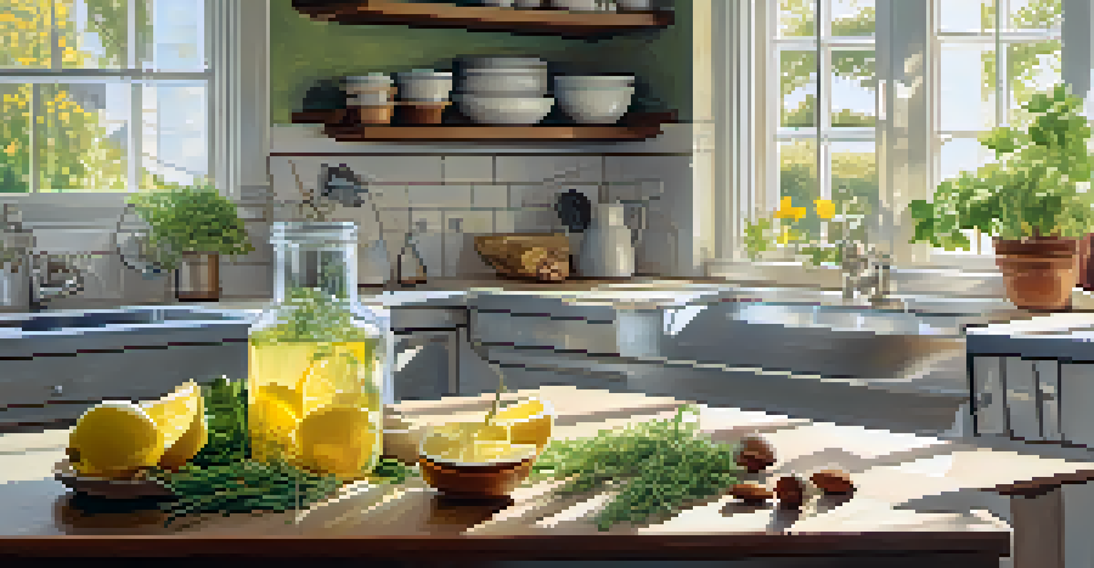 A kitchen scene with a glass of infused water, whole grains, nuts, and seeds, illuminated by natural sunlight.