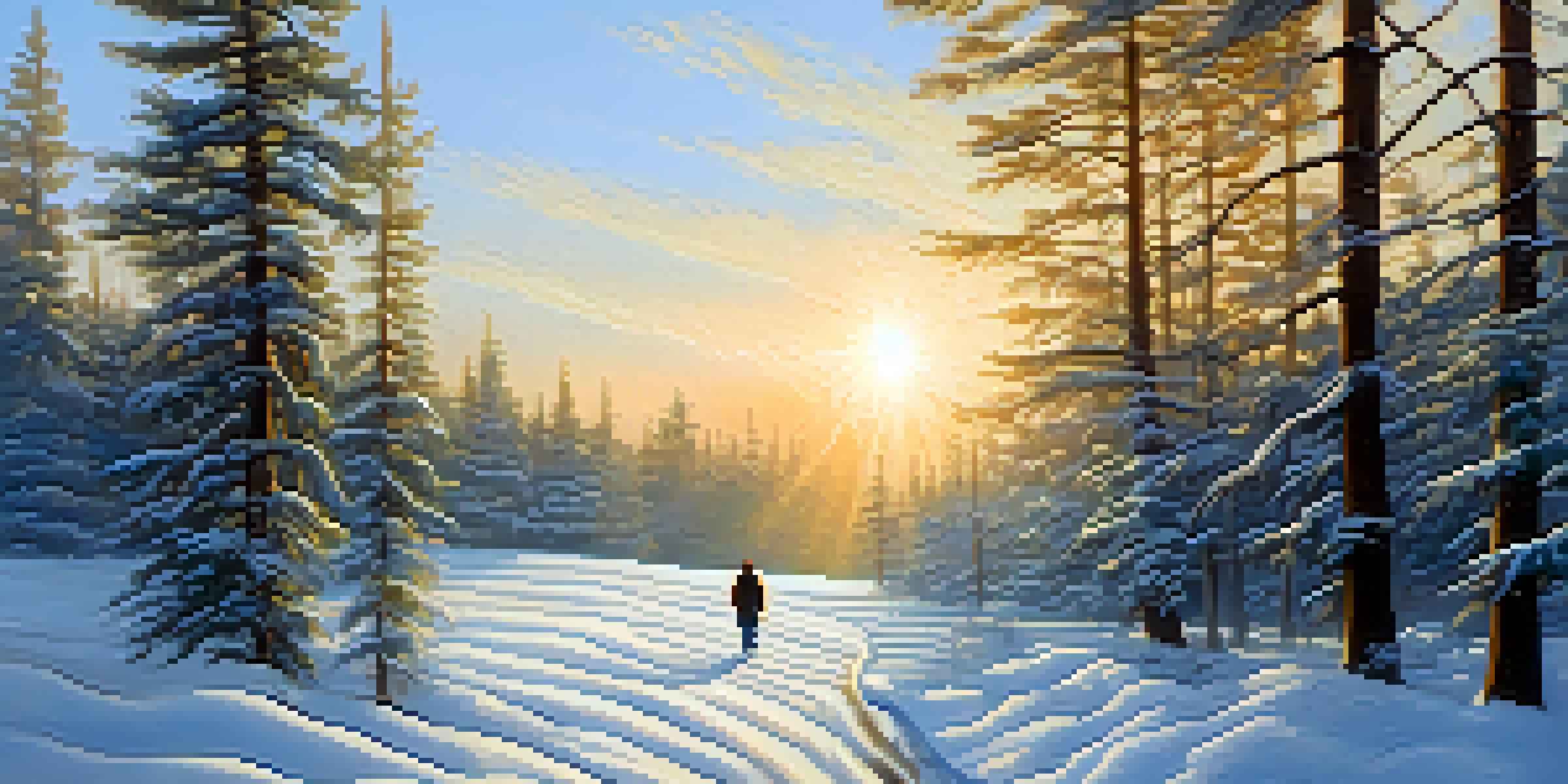 A person walking on a snow-covered path in a winter landscape, surrounded by evergreen trees under a clear blue sky.