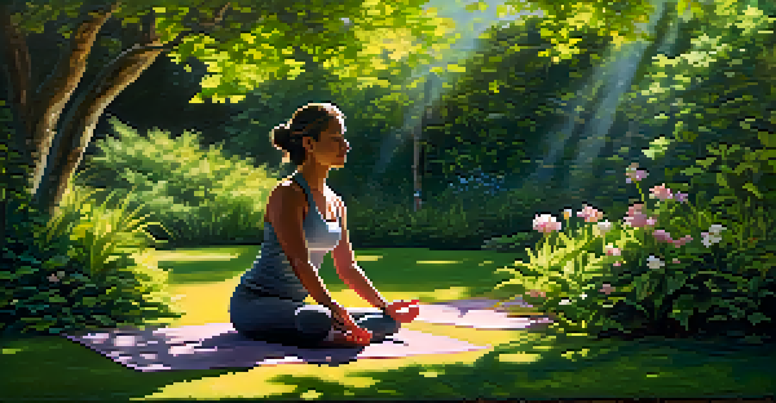 A person practicing yoga in a peaceful garden with greenery and flowers, embodying mindfulness and gut health.
